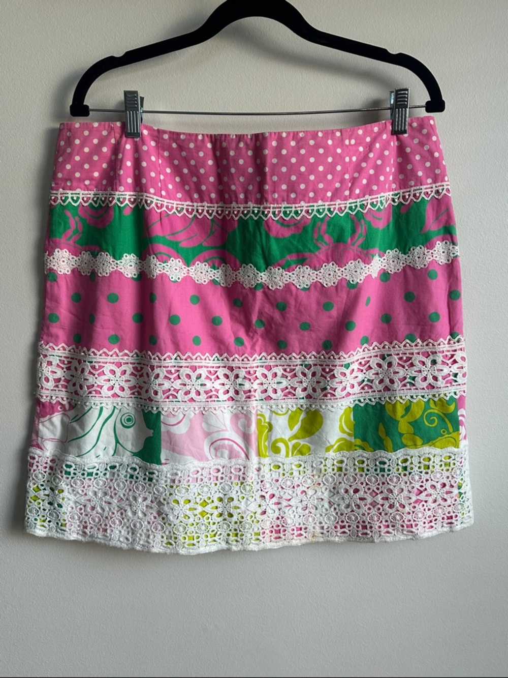 Lilly Pulitzer Women 12 Quirky Cute Polka Dot Patchwork Lace Mini Skirt Resort
